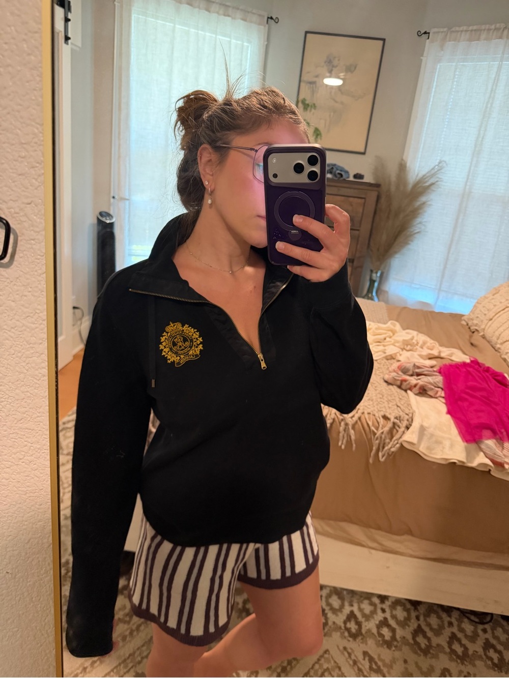 Lauren Ralph Lauren Black Quarter Zip Pullover Medium Gold Crest Logo Sweatshirt